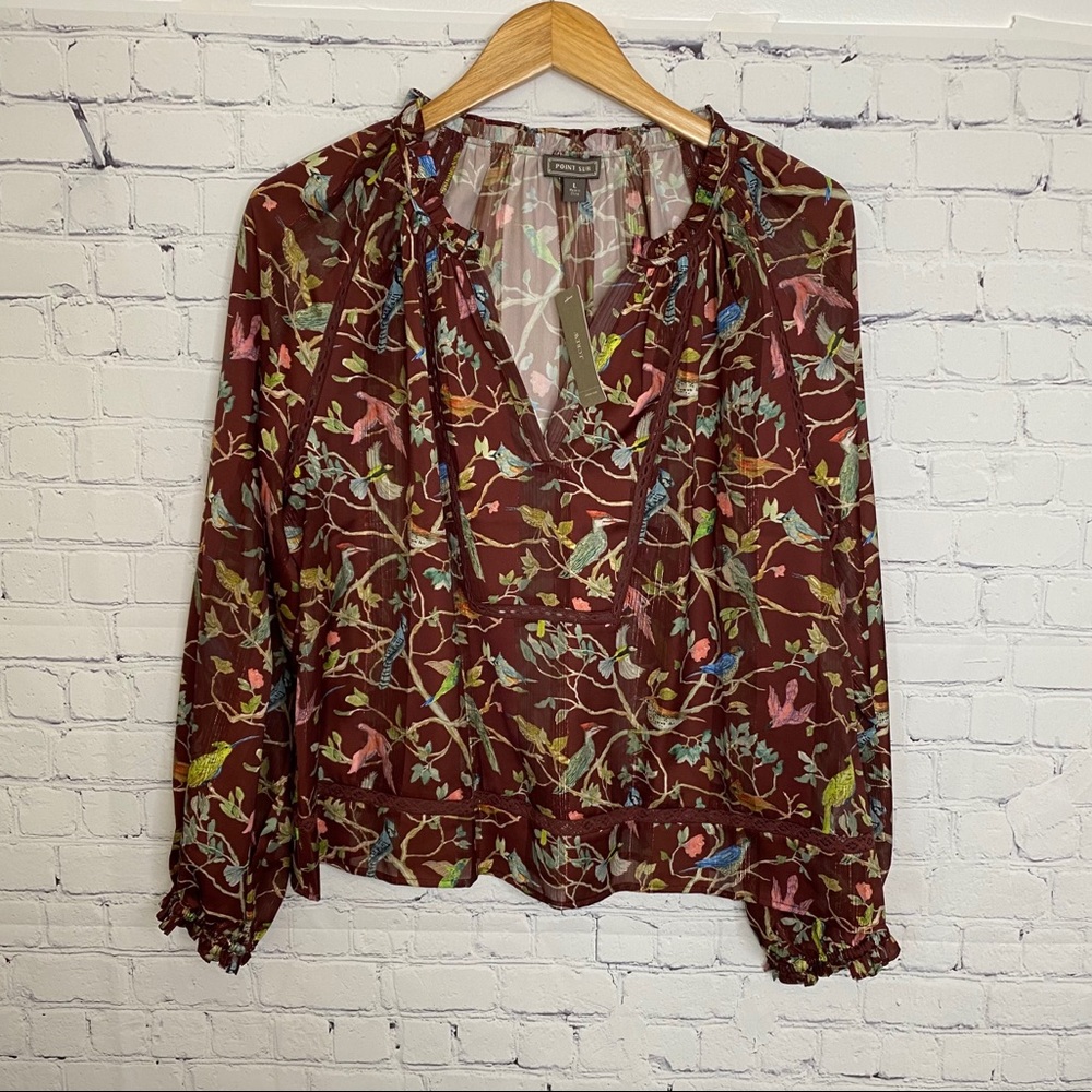NWT POINT SUR J. CREW maroon bird ruffle blouse
